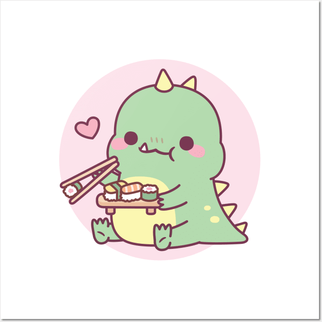 Cute Little Dinosaur Loves Japanese Sushi Wall Art by rustydoodle